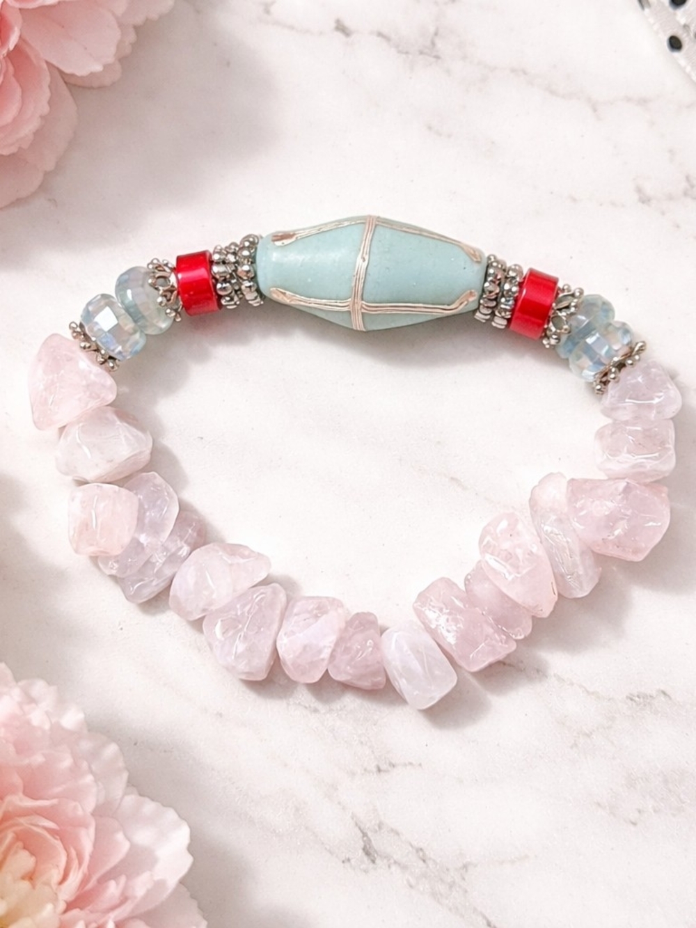 Handmade Rose Quartz & Pistachio Green French Java Bead Accent